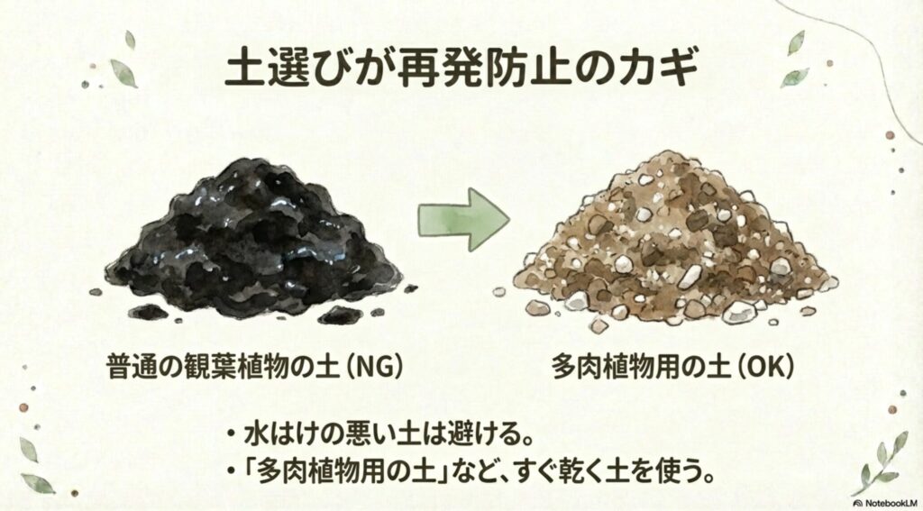 サンスベリアの土選びの比較イラスト。水はけの悪い普通の観葉植物の土はNG、水はけの良い多肉植物用の土がOKであることを対比。