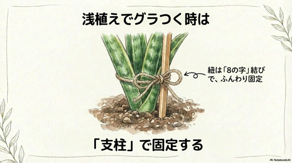 サンスベリアを支柱で固定する方法。麻紐を使った8の字結びのやり方を示したイラスト