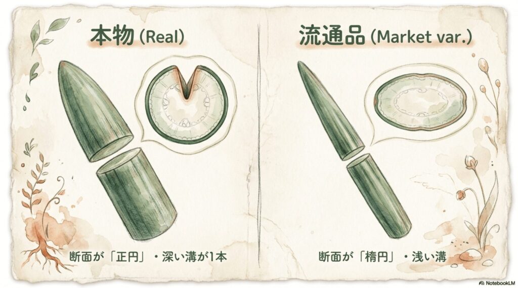 本物のスタッキー（正円・深い溝）と代替品キリンドリカ（楕円・浅い溝）の断面の違い