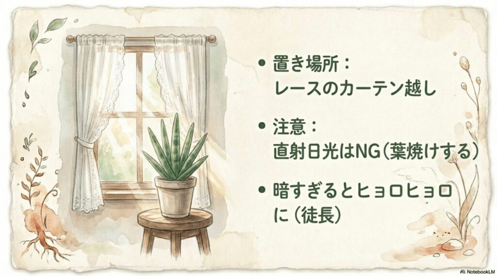 サンスベリアの置き場所はレースのカーテン越しが最適。直射日光による葉焼けと暗所での徒長に注意