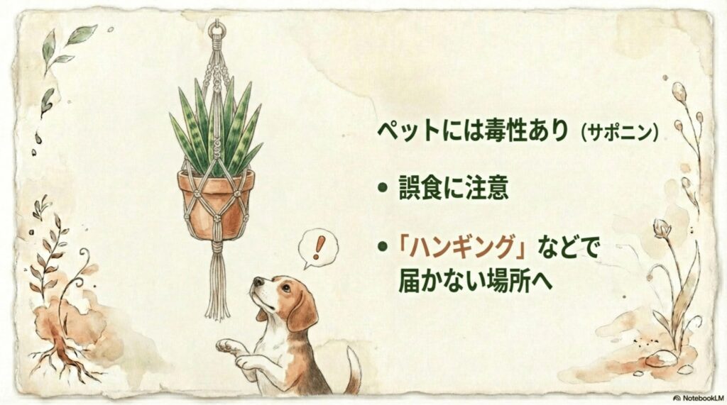 サンスベリアはペットに毒性（サポニン）があるため、ハンギング等で誤食を防ぐ対策が必要