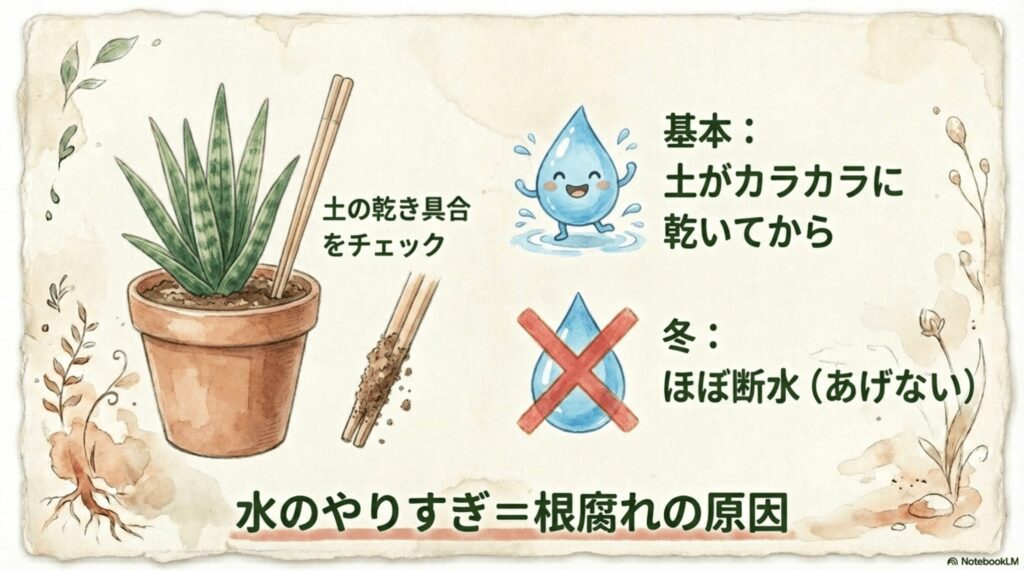 サンスベリアの水やりは土がカラカラに乾いてから。冬は断水し根腐れを防ぐ