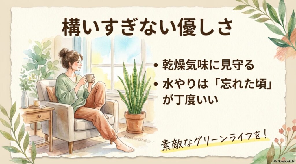 サンスベリアの管理は構いすぎない優しさが大切。乾燥気味に優しく見守る。