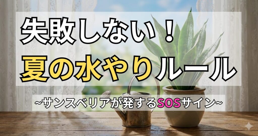 サンスベリアの夏の水やりに関するアイキャッチ画像。「失敗しない！夏の水やりルール 〜サンスベリアが発するSOSサイン〜」と書かれています。
