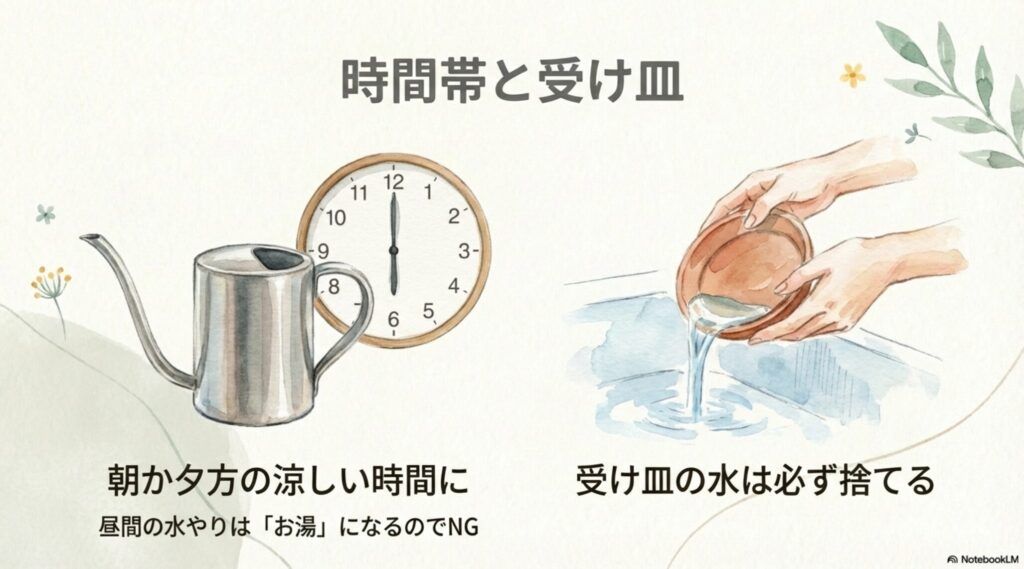 夏の水やりは朝か夕方の涼しい時間帯に。受け皿の水は必ず捨てる。
