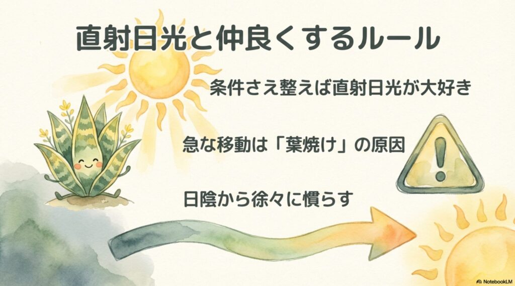 サンスベリアを直射日光に当てる際のルール。条件が整えば直射日光が大好きだが、急な移動は葉焼けの原因になるため、日陰から徐々に慣らすことが重要。