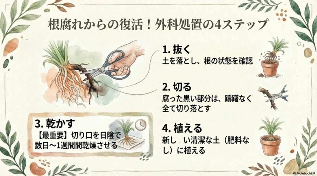 鉢から抜く、腐った根を切る、乾燥させる、新しい土に植える手順を描いたイラスト