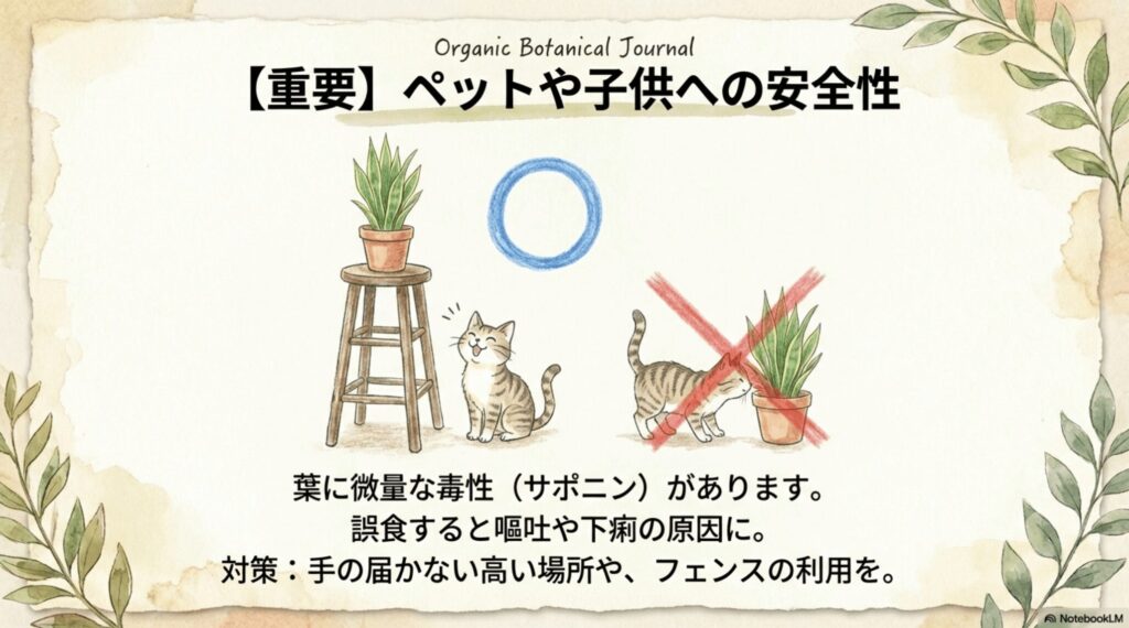 サンスベリアの葉には微量な毒性（サポニン）があり、犬や猫が誤食すると嘔吐や下痢の原因に。手の届かない高い場所やフェンスを利用して対策しましょう。