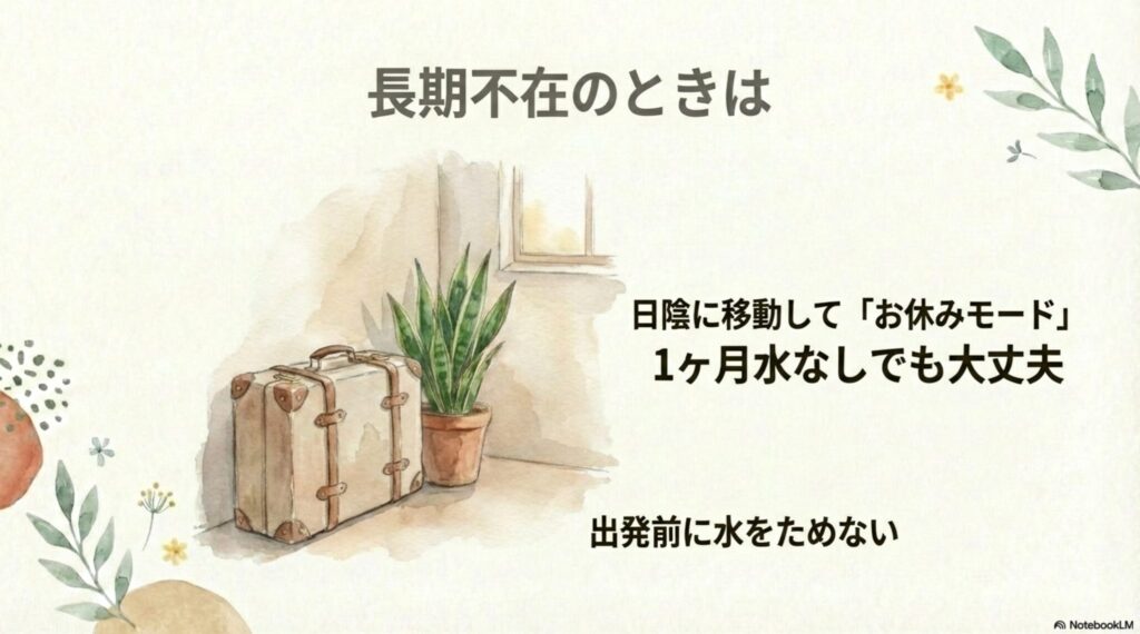 長期不在時は日陰に移動してサンスベリアをお休みモードに。出発前の腰水はNG。