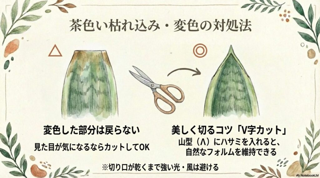 葉の先端を山型にカットして自然なフォルムに見せるV字カットの手順イラスト