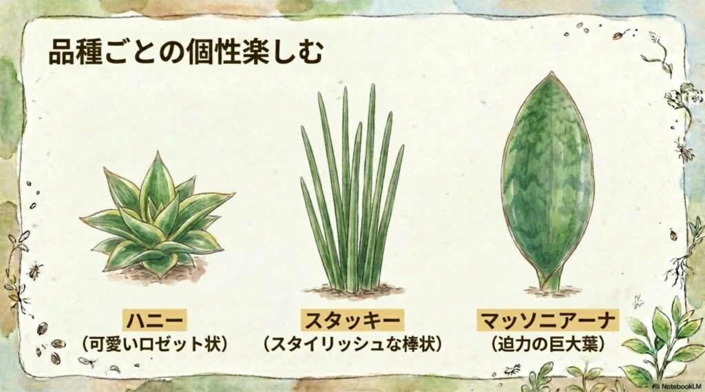 ロゼット状のハニー、棒状のスタッキー、巨大葉のマッソニアーナなど、サンスベリアの品種ごとの子株の個性を楽しむ。