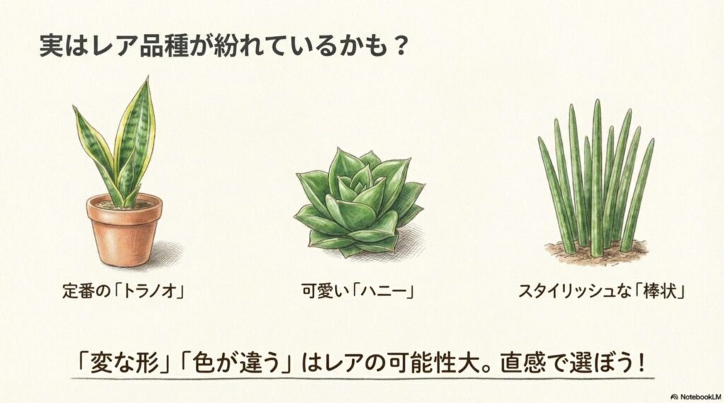 ダイソーで販売されているサンスベリアの品種（ローレンティー、ハニー、スタッキー・キリンドリカ）のイラスト