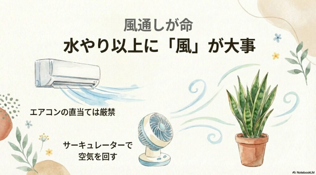 水やり以上に風通しが命。エアコンの直当ては避け、サーキュレーターを活用。