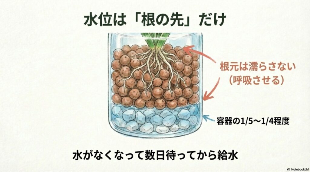 サンスベリアの水耕栽培における適切な水位（根の先端のみ）を示す図