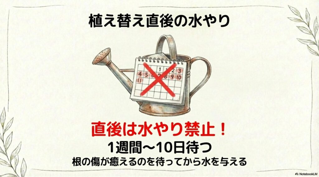 サンスベリア植え替え直後の水やり管理。最初の1週間から10日は断水し、根の回復を待つカレンダー図解
