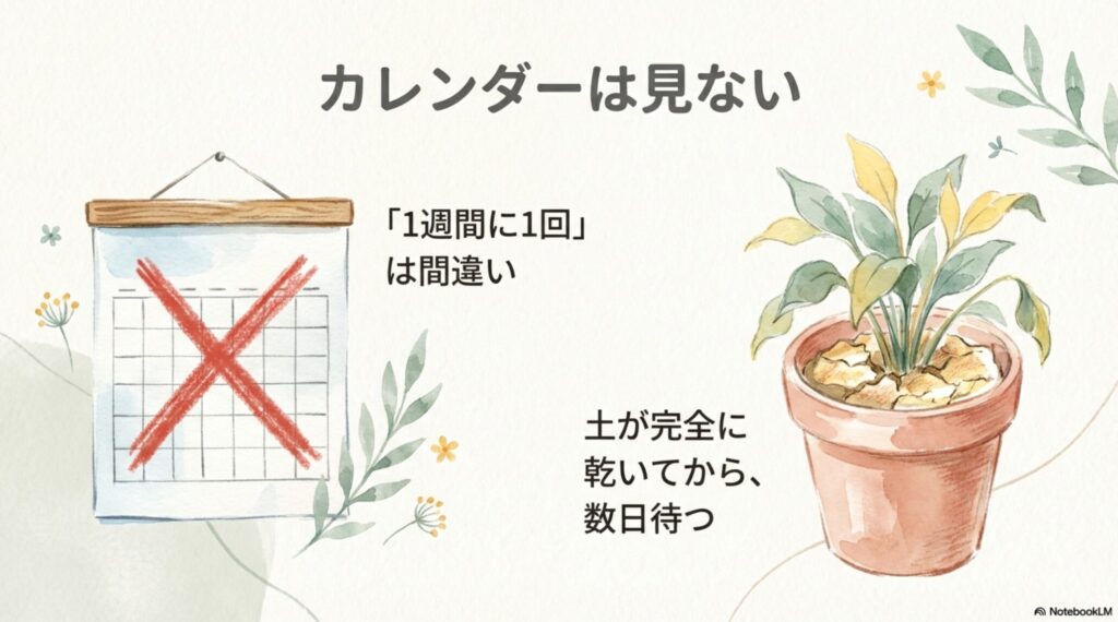 カレンダーでの水やりは間違い。土が完全に乾いてから数日待つのが正解。