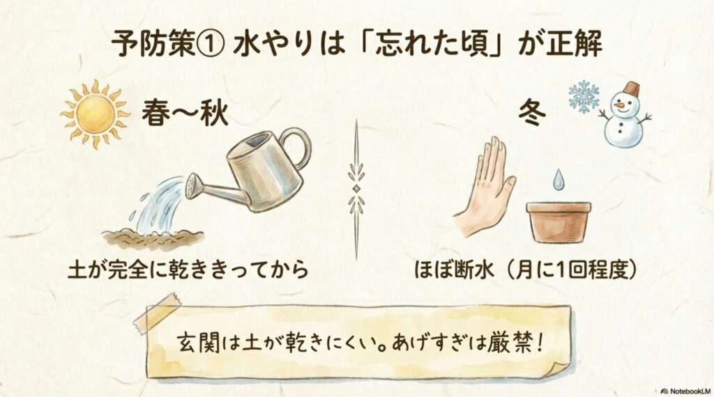 サンスベリアの水やり予防策として、春〜秋は土が乾ききってから、冬は月に1回程度のほぼ断水にすることを説明した図解