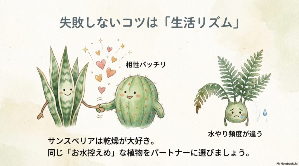 サボテンと手をつなぐサンスベリアと、水やり頻度が違って困っているシダ植物のイラスト