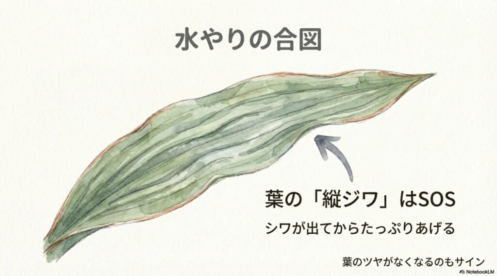 サンスベリアの水やりサイン。葉の縦ジワはSOSの合図。