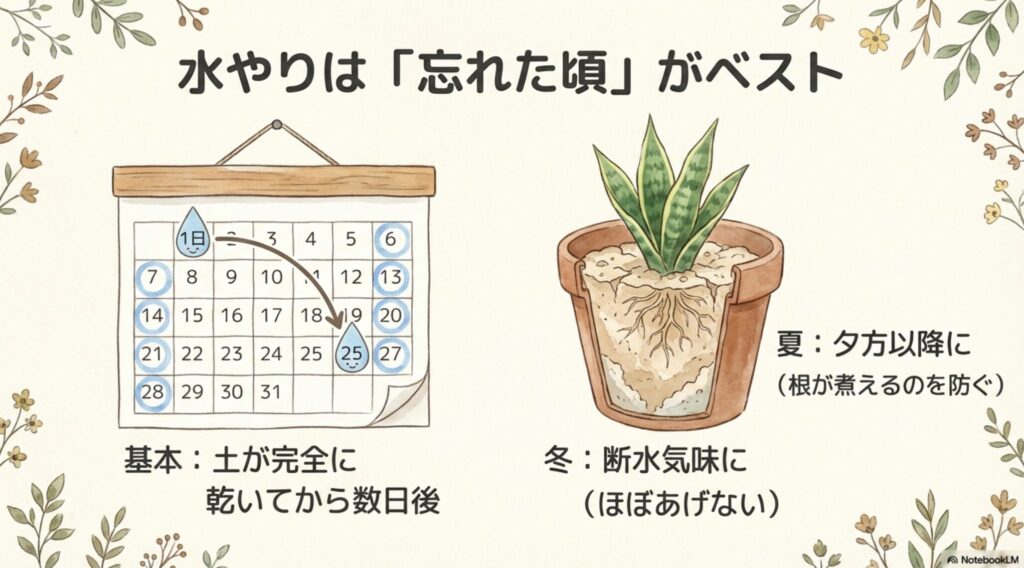 サンスベリアの水やりは忘れた頃がベスト。基本は土が完全に乾いてから数日後。夏は根が煮えるのを防ぐため夕方以降、冬は断水気味に管理する。