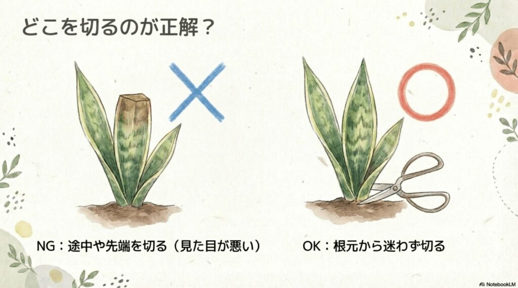 サンスベリアの切る位置の図解。葉の途中や先端を切るのはNGで、ハサミを使って根元から切るのが正解と示されている。