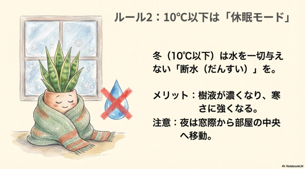 サンスベリアの冬越し対策：10度以下の断水と置き場所