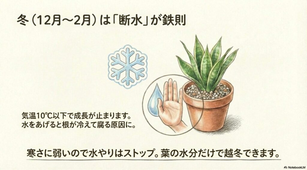 冬のサンスベリア管理で重要な「断水」を示すイラスト。寒さによる根腐れを防ぐための注意点。