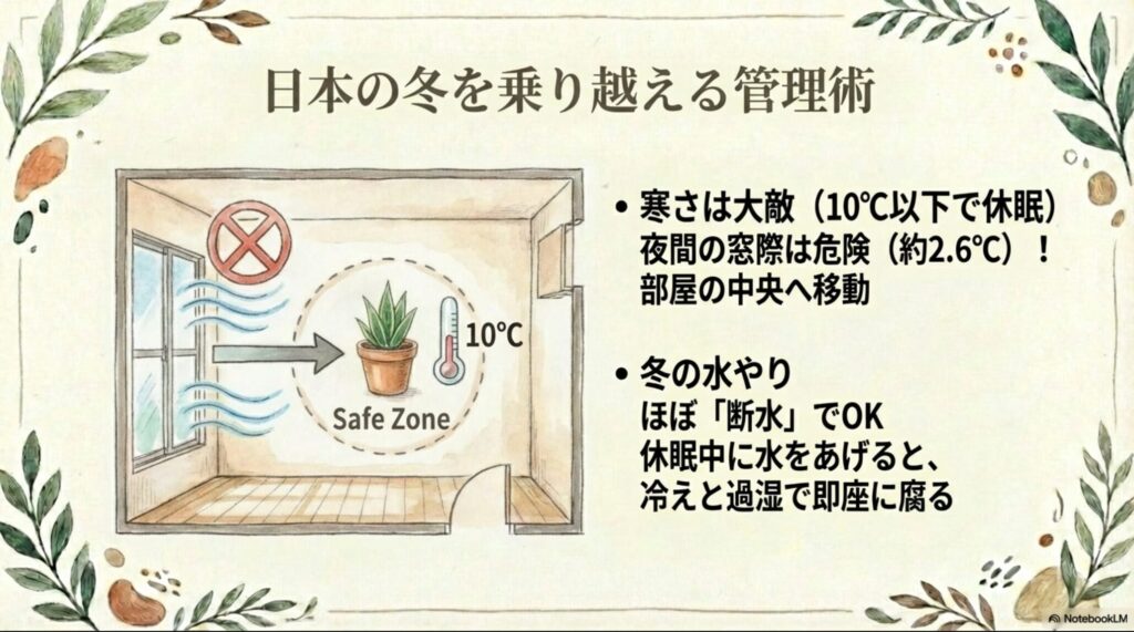夜間の窓際は10度以下になり危険なため、部屋の中央などの安全地帯へ移動させる図解