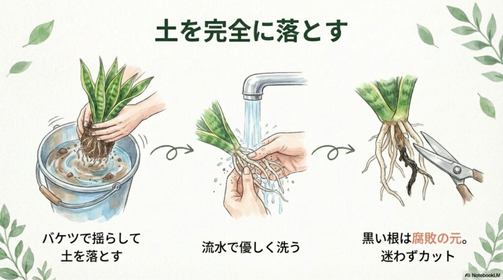 サンスベリアの根についた土を水で洗い流しているイラスト