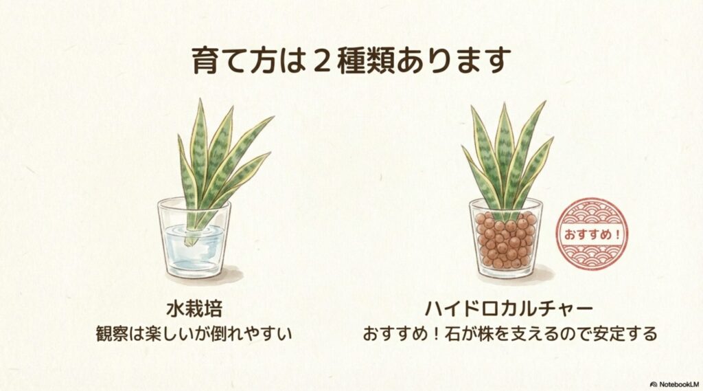水栽培とハイドロカルチャーの違い。水栽培は観察が楽しいが倒れやすい。ハイドロカルチャーは石が株を支えるので安定するためおすすめ
