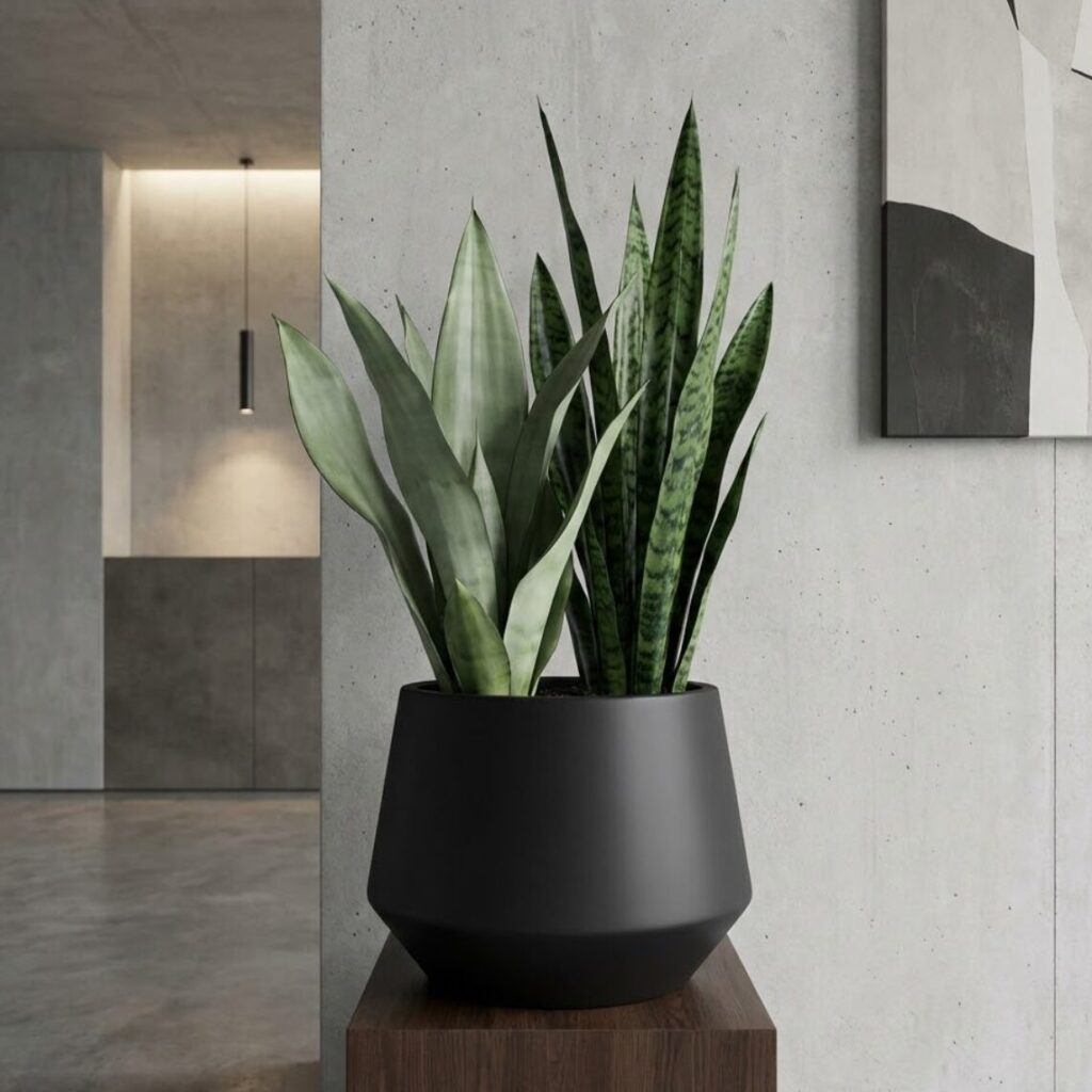 モダンなリビングの一角にサンスベリア・ゼラニカとサンスベリア・ムーンシャインの寄せ植え鉢が置いてある。