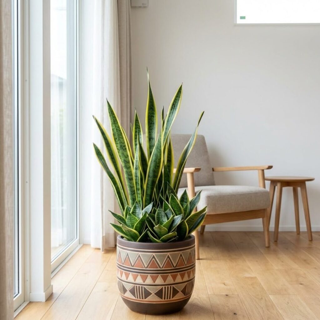 リビングの一角にサンスベリア・ローレンティとサンスベリア・ハニーの寄せ植え鉢が置いてある。