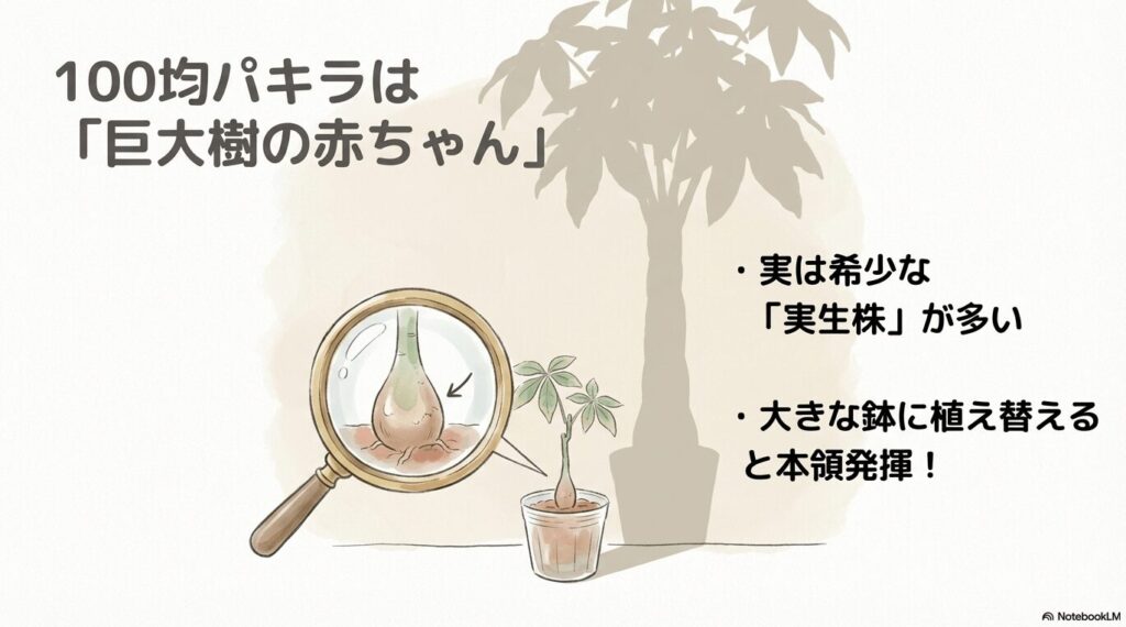100均で売られている小さなパキラの根元を虫眼鏡で拡大し、実生株であることを示すイラスト