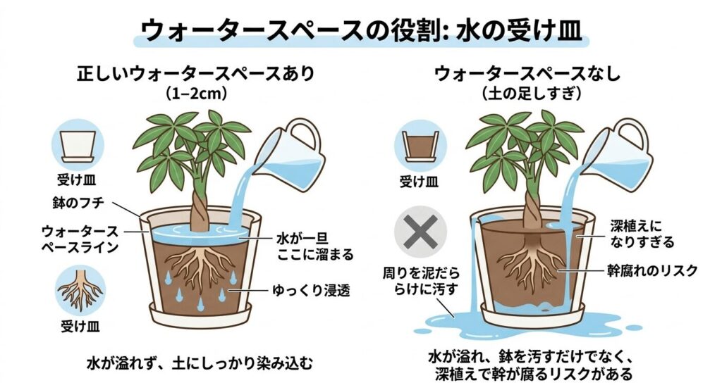 鉢の縁に1〜2cmの空間を作る正しい例と、土を入れすぎて水があふれる失敗例の比較