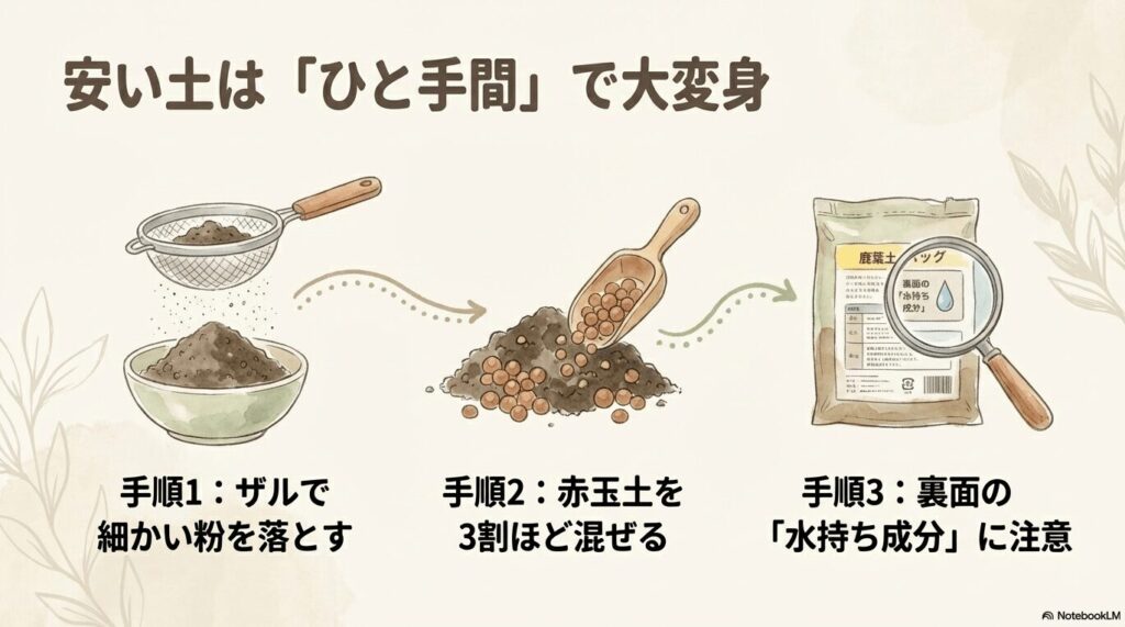 虫眼鏡で土の袋をチェックするイラストと、微塵を落とす、赤玉土を混ぜる、裏面成分を確認する手順の図解。