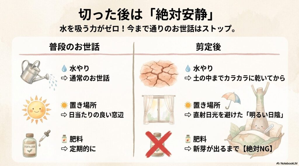 丸坊主に剪定したパキラの絶対安静のお世話（水やりと肥料のストップ）に関する図解