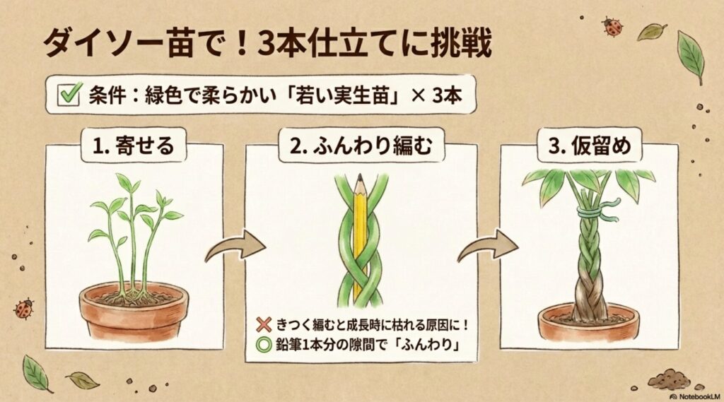 若い実生苗を3本寄せ、鉛筆1本分の隙間をあけてふんわり三つ編みにする編み方