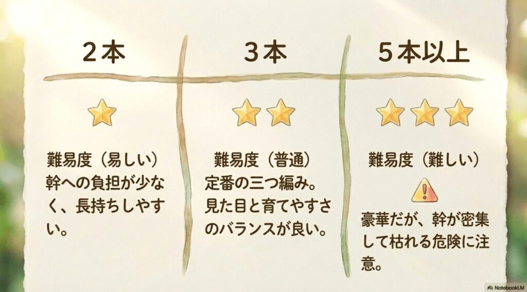 パキラの編み込む本数（2本、3本、5本以上）による難易度と特徴の比較表イラスト