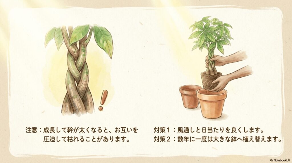 成長した幹が圧迫し合うリスクと、風通し・植え替えなどの対策を示すイラスト
