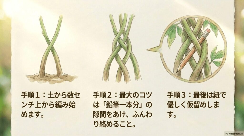 パキラを編み始める位置や隙間のあけ方、紐での仮留め方法を示すイラスト