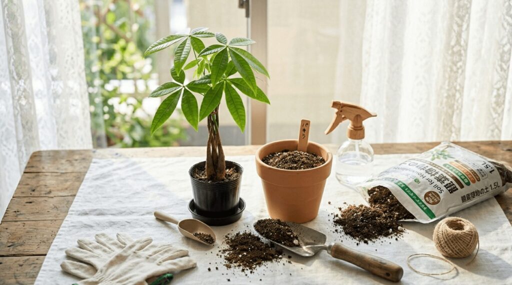100均パキラの枯らさない育て方。窓際のテーブルに用意されたパキラの苗と、新しい鉢、観葉植物の土、スコップなどの植え替え道具一式