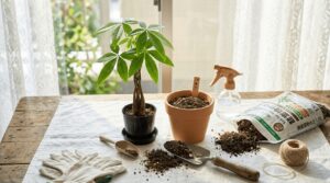 100均パキラの枯らさない育て方。窓際のテーブルに用意されたパキラの苗と、新しい鉢、観葉植物の土、スコップなどの植え替え道具一式