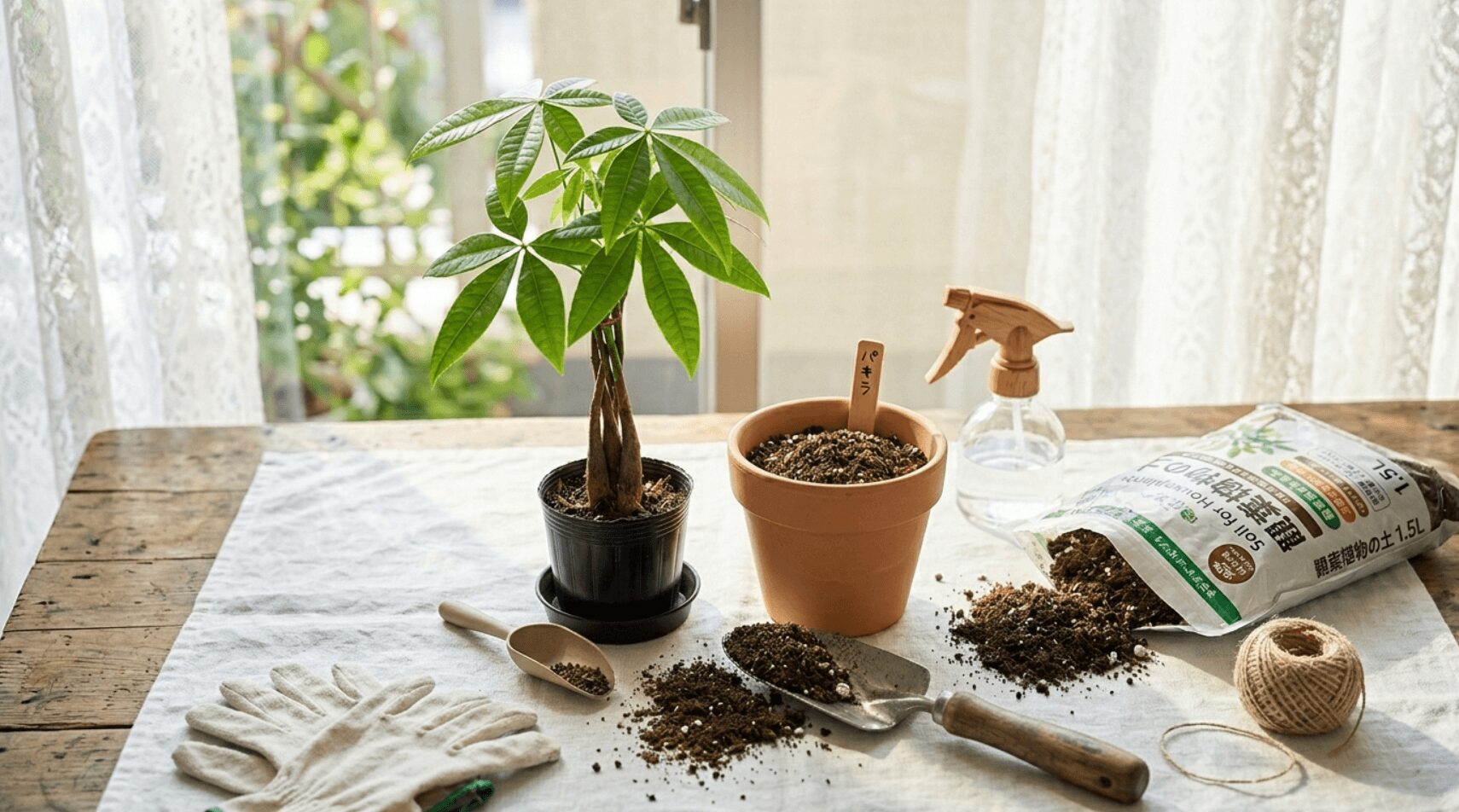 100均パキラの枯らさない育て方。窓際のテーブルに用意されたパキラの苗と、新しい鉢、観葉植物の土、スコップなどの植え替え道具一式