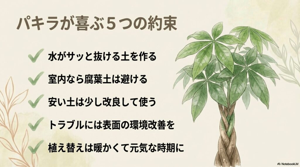 大きなパキラのイラストと、水はけ土作り、腐葉土回避、土の改良、環境改善、適期の植え替えの5つの箇条書き。