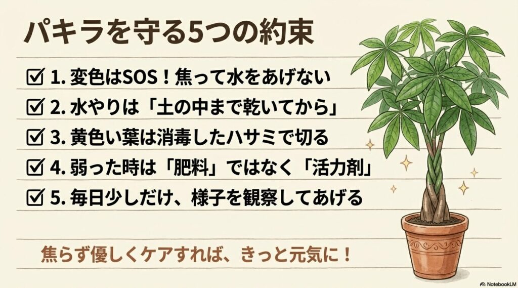 焦って水をあげない、水やりは土が乾いてからなど、パキラを元気に育てるための5つのお約束