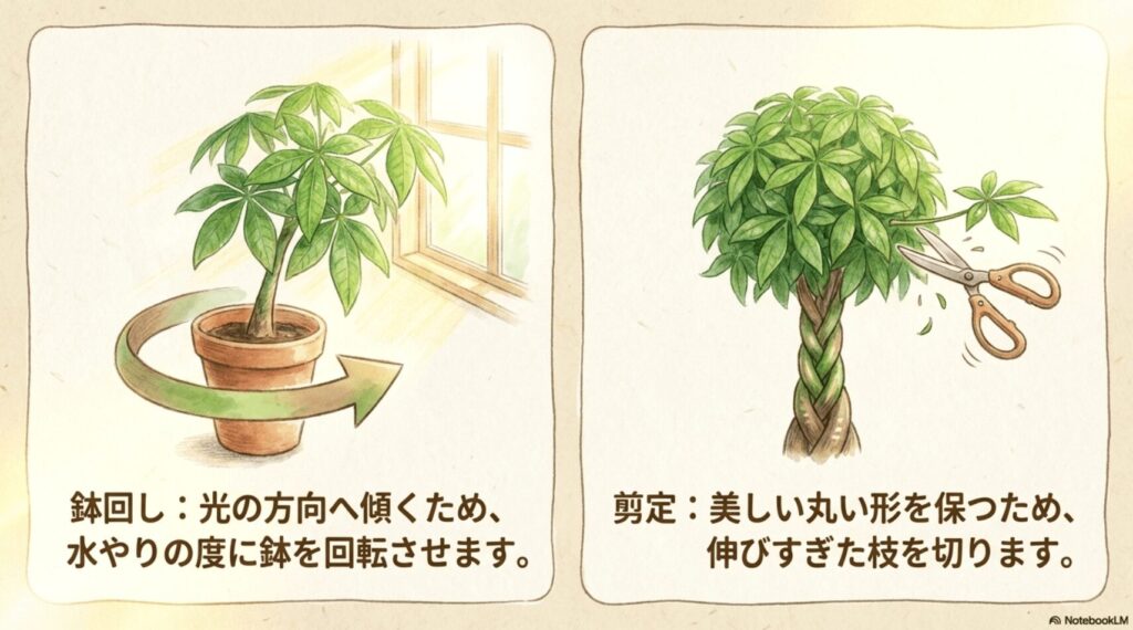 パキラの傾きを防ぐ「鉢回し」と、丸い樹形を保つための「剪定」作業のイラスト
