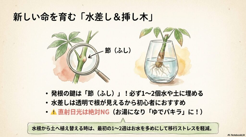 新しい根が発生するパキラの節（ふし）の位置と、水差しや挿し木による復活方法