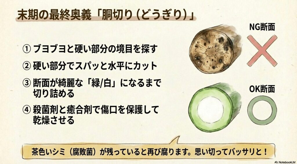 パキラの末期症状で行う胴切り手順と、綺麗な緑色になるまで切り詰めるOK・NGの断面図