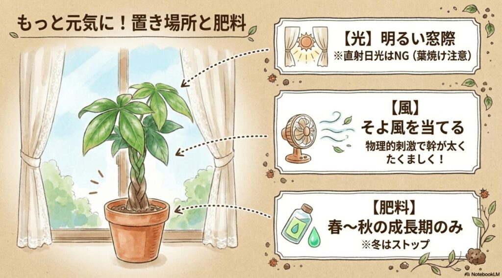 パキラを元気にする明るい窓際、風、成長期の肥料の図解
