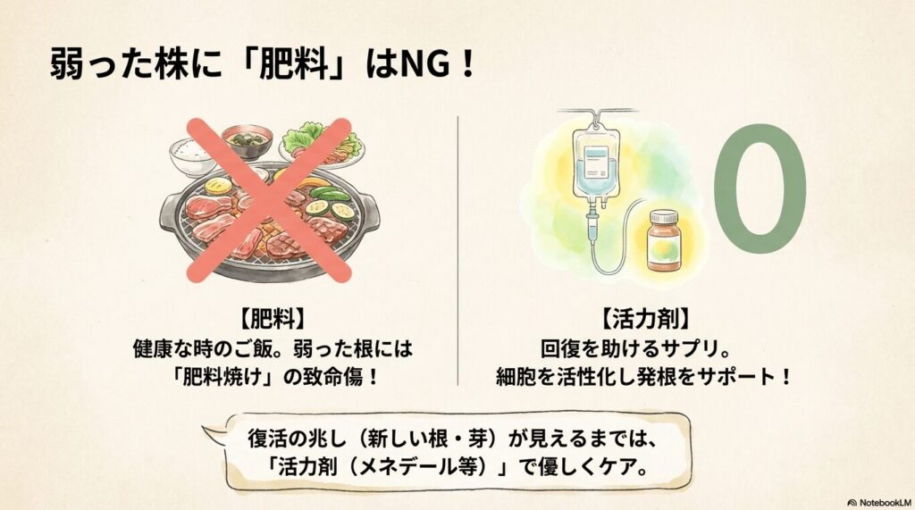 弱ったパキラに肥料を与えると肥料焼けで致命傷になるため、細胞を活性化する活力剤を使用する理由